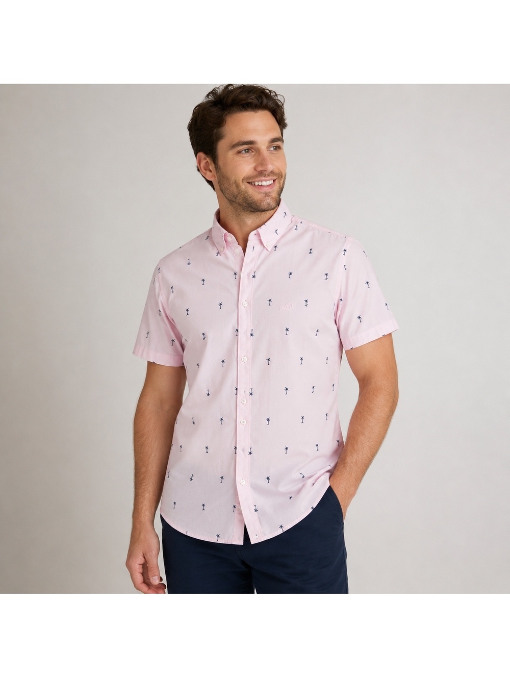 Hollister Men's Epic Flex Stretch Pink Palm Tree‎ Print Short Sleeve Shirt XS